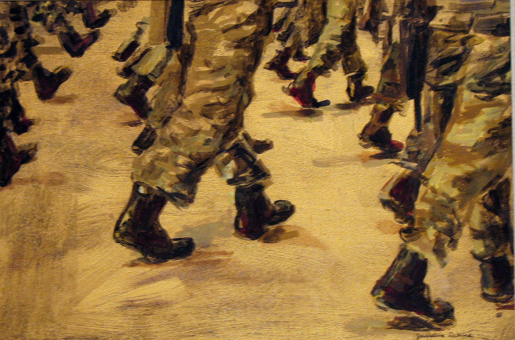 military, boots, invasion, surge, war, politics, fine art, painting, gold foil, satire