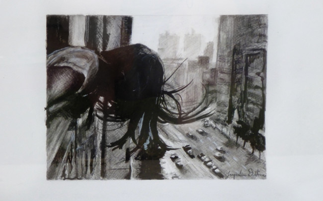 charcoal, drawing, sketch, city street, landscape, street scene, vertigo, apartment, girl, looking down