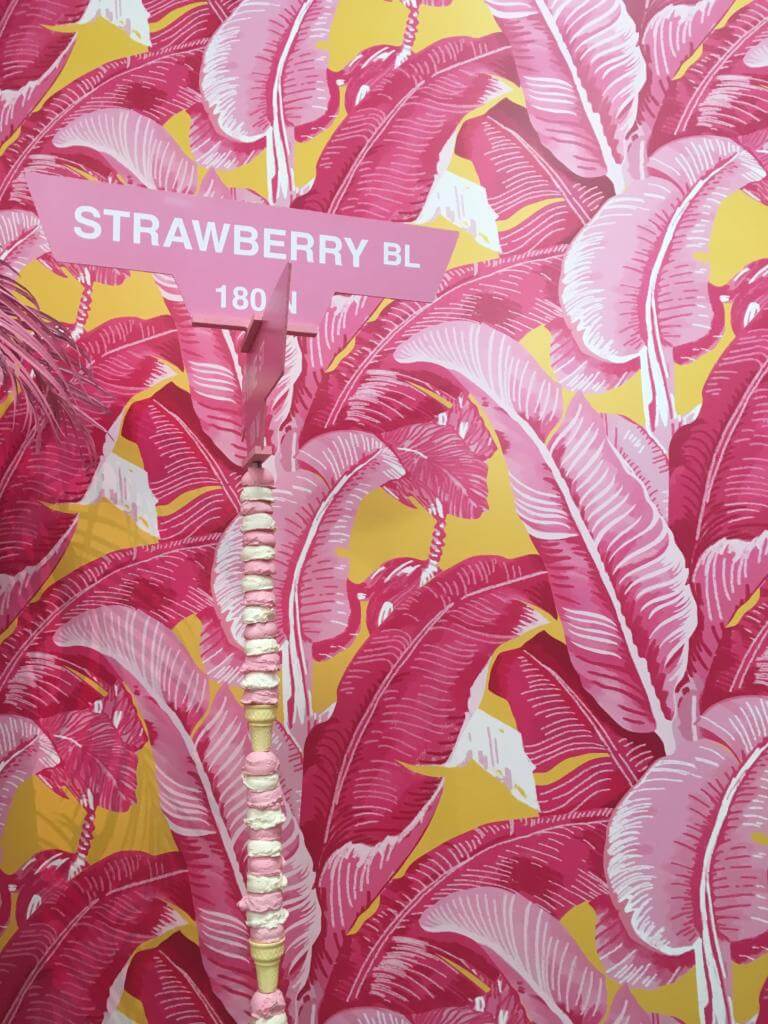 wallpaper, palm trees, pink, museum of ice cream, strawberry,